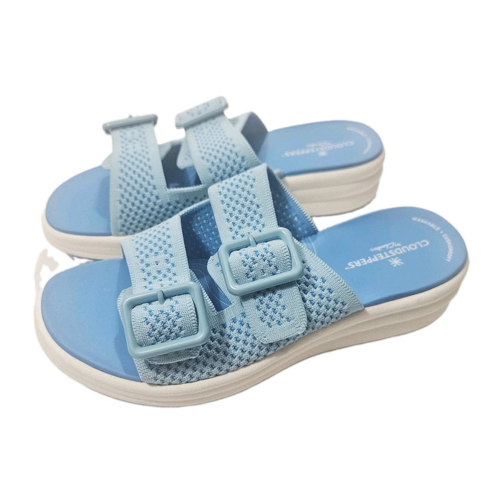 Clarks Cloudsteppers Womens Size 7 Blue Slide Sandals Drift Faye Buckle Denim